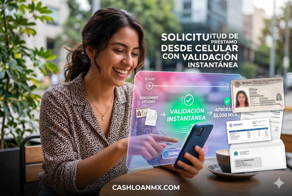 Persona en M&eacute;xico completando solicitud de dinero r&aacute;pido desde smartphone con aprobaci&oacute;n digital