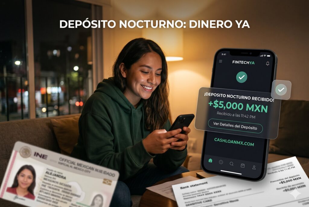 Persona en M&eacute;xico recibiendo dinero inmediato de madrugada mediante aplicaci&oacute;n financiera m&oacute;vil