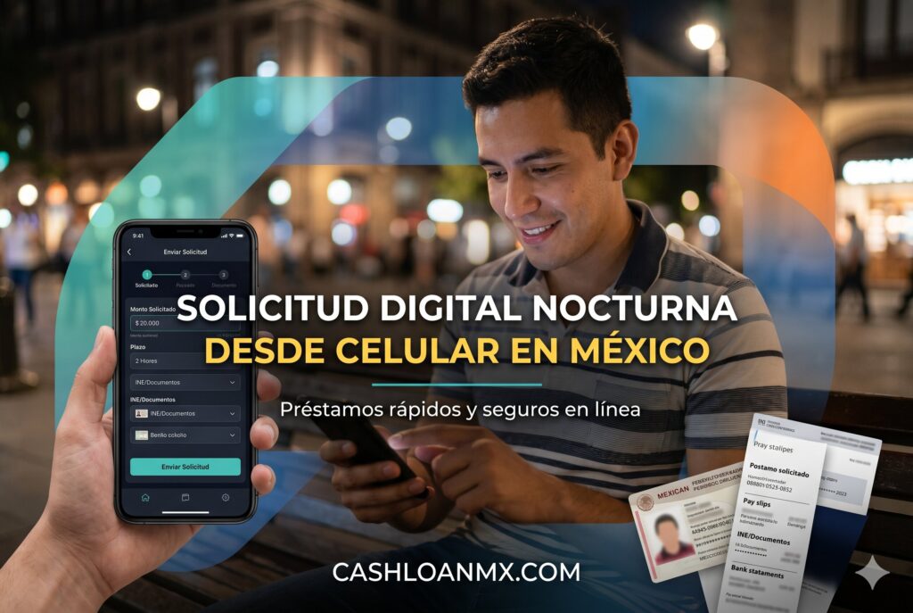 Persona realizando solicitud de dinero r&aacute;pido 24 horas M&eacute;xico desde una app financiera durante la madrugada