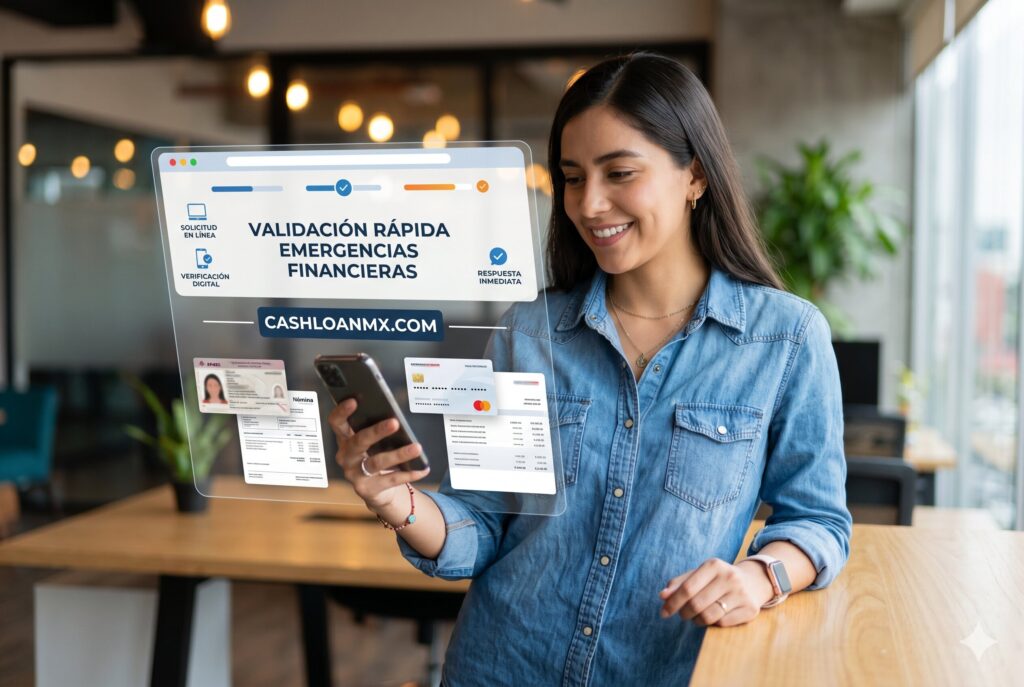 Persona usando app financiera mexicana para solicitar dinero urgente con validaci&oacute;n biom&eacute;trica y SPEI inmediato