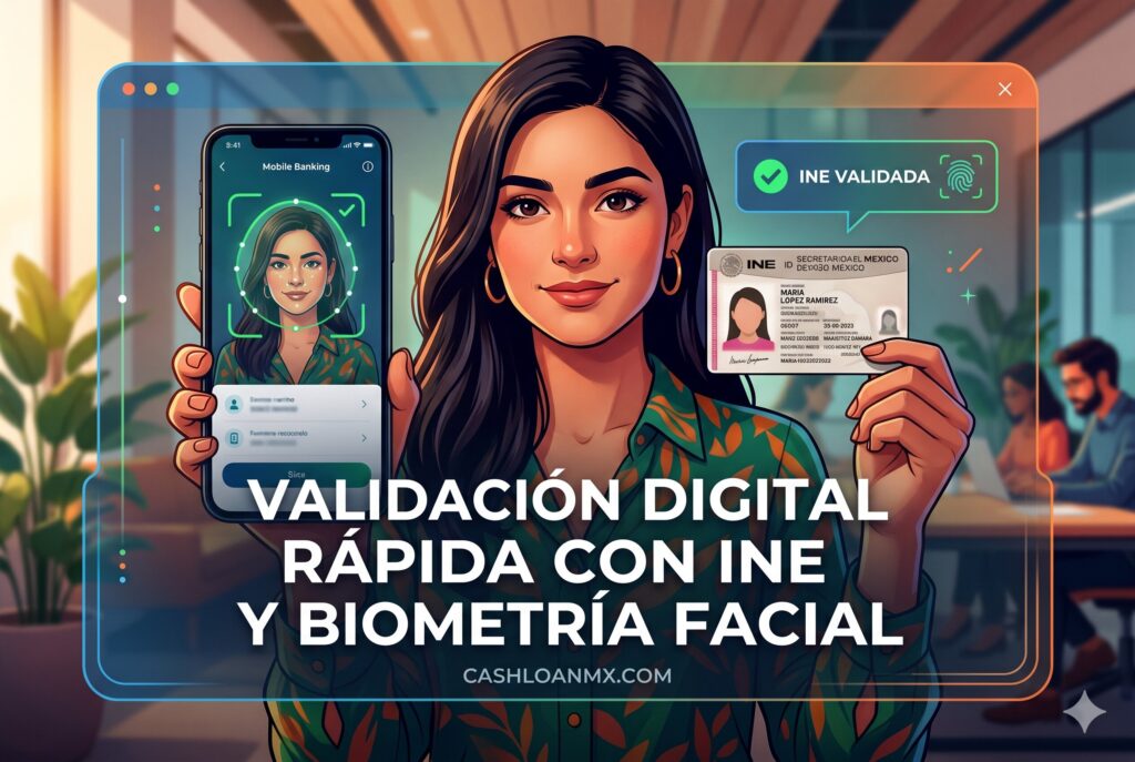 Usuario mexicano realizando biometr&iacute;a facial e identificaci&oacute;n INE para aprobaci&oacute;n inmediata de pr&eacute;stamo digital