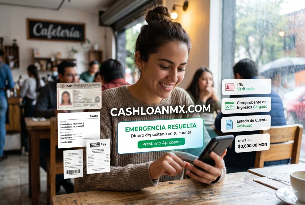 Usuario mexicano utilizando aplicaci&oacute;n m&oacute;vil para conseguir dinero r&aacute;pido ante gastos urgentes