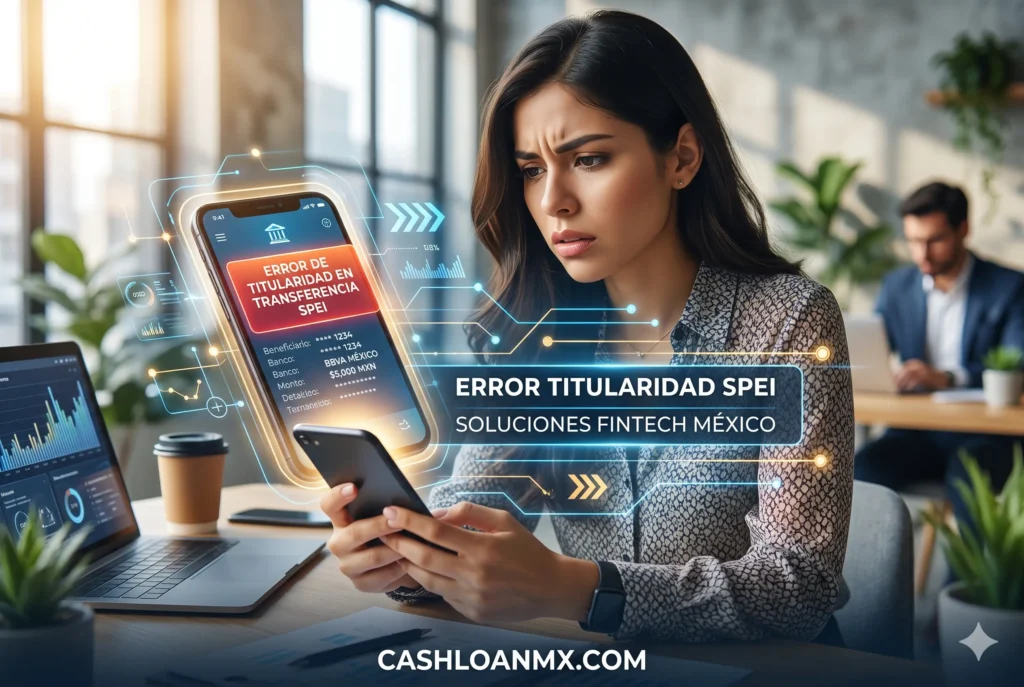 Pantalla de aplicaci&oacute;n financiera mostrando un error de validaci&oacute;n de identidad debido a que el nombre de la cuenta CLABE no coincide con el solicitante.