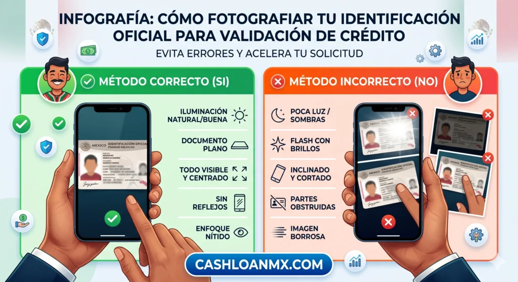 Comparativa visual de c&oacute;mo tomar fotograf&iacute;as sin reflejos de la credencial INE para pasar la validaci&oacute;n autom&aacute;tica de pr&eacute;stamos Fintech