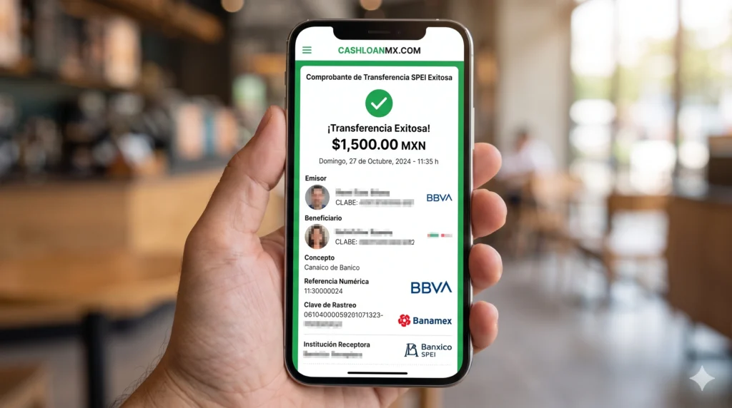 Pantalla de celular mostrando un comprobante de transferencia SPEI exitosa con fecha de domingo Comprobante de transferencia SPEI de un préstamo sin aval depositado en domingo a través de una aplicación fintech mexicana