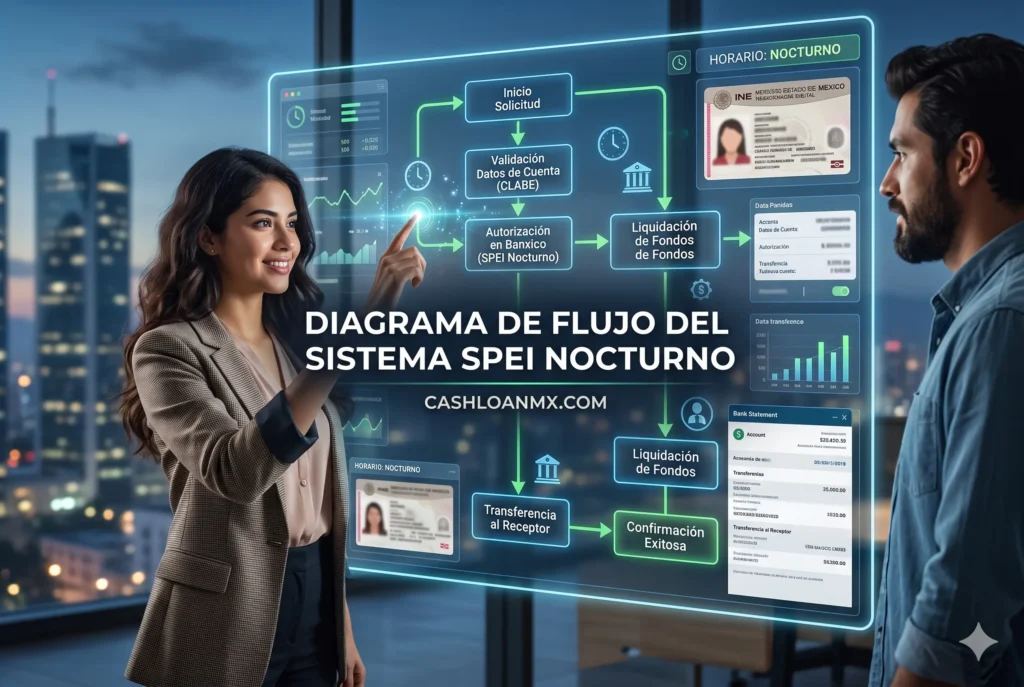 Diagrama t&eacute;cnico mostrando c&oacute;mo un dep&oacute;sito SPEI de madrugada pasa de la fintech a Banxico y se encola en el banco receptor durante el mantenimiento.