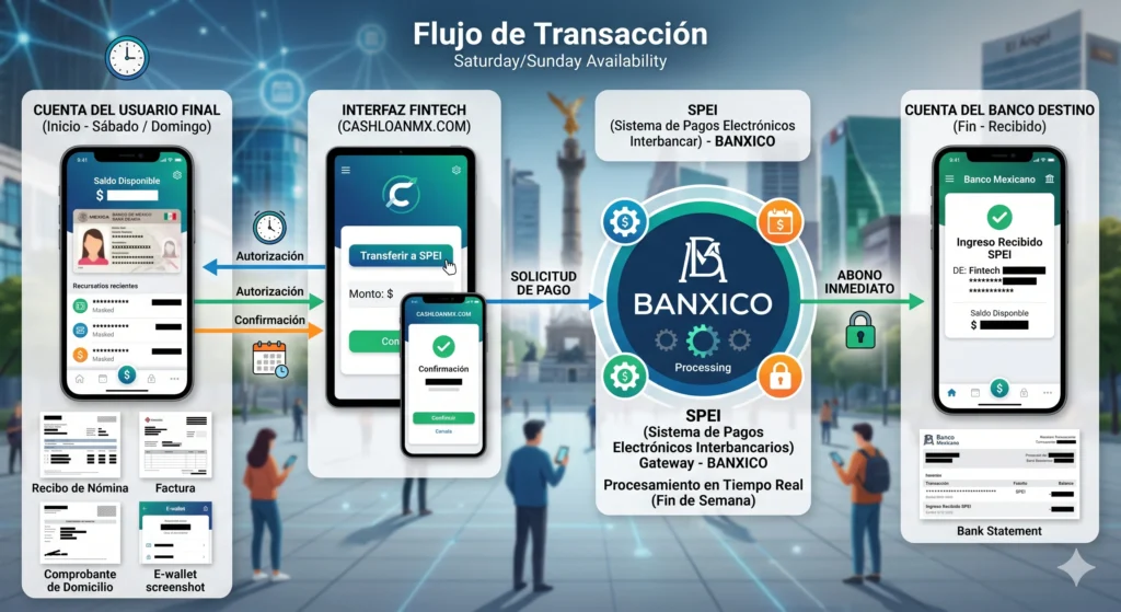 Diagrama t&eacute;cnico de c&oacute;mo operan las transferencias SPEI 24/7 entre plataformas de tecnolog&iacute;a financiera y bancos comerciales
