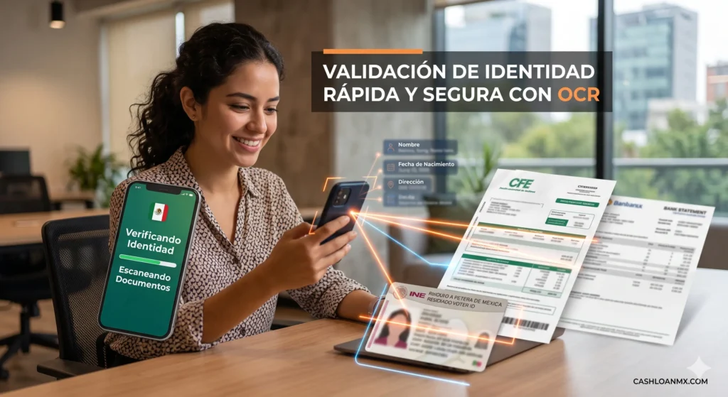 Diagrama que muestra c&oacute;mo la tecnolog&iacute;a OCR extrae datos de una identificaci&oacute;n oficial en tiempo real para aprobar pr&eacute;stamos