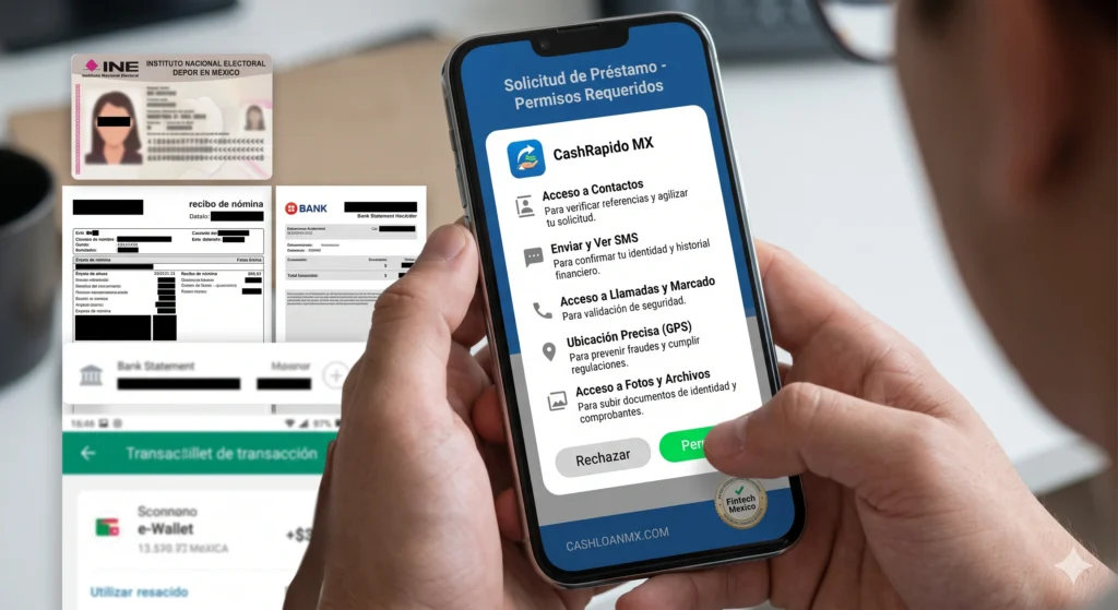 Captura de pantalla de un smartphone donde una aplicaci&oacute;n financiera fraudulenta exige acceso obligatorio a contactos, galer&iacute;a de fotos y registro de llamadas del usuario