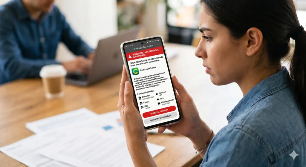 Pantalla de celular mostrando una advertencia de seguridad sobre los permisos solicitados por una aplicación sospechosa Usuario configurando los permisos de privacidad de su teléfono móvil para evitar fraudes en aplicaciones de préstamos sin aval.