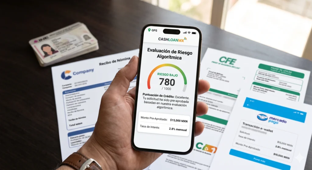 Pantalla de celular mostrando una evaluación algorítmica de riesgo con íconos de GPS, batería y wifi Interfaz gráfica ilustrando cómo el análisis de comportamiento telefónico y la geolocalización evalúan la capacidad de pago para préstamos sin aval sin comprobante de ingresos.