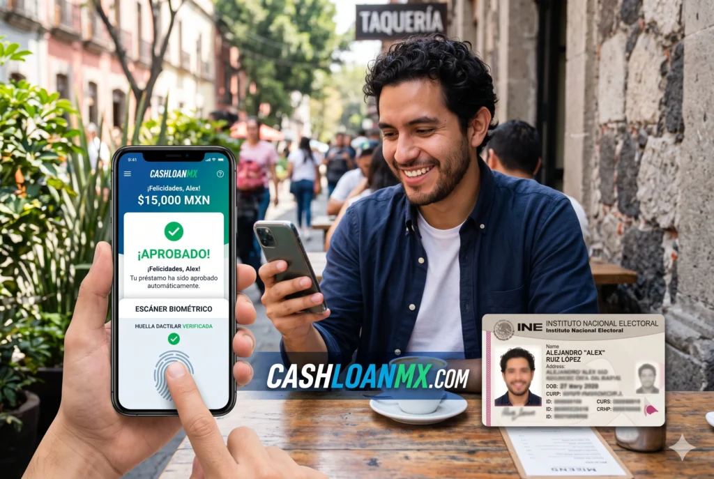 Pantalla de tel&eacute;fono celular mostrando el proceso de validaci&oacute;n biom&eacute;trica y aprobaci&oacute;n automatizada de una app de pr&eacute;stamos en M&eacute;xico