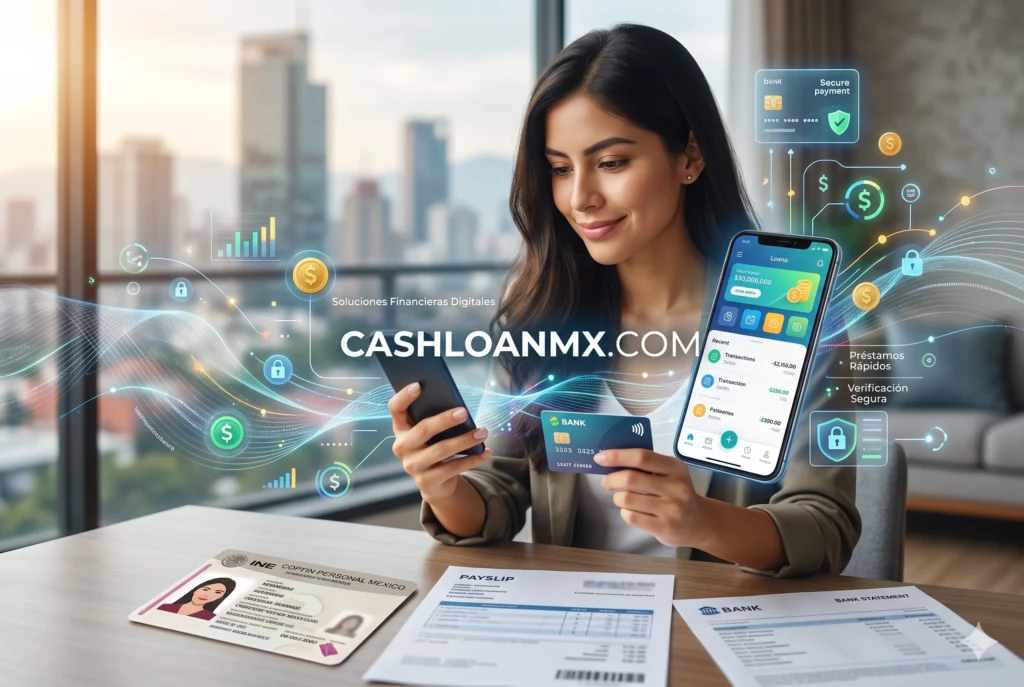 Persona revisando una aplicación financiera en su teléfono móvil mientras sostiene una tarjeta de débito Joven estudiante utilizando una app de microcréditos en su celular para construir su score crediticio alternativo desde cero.