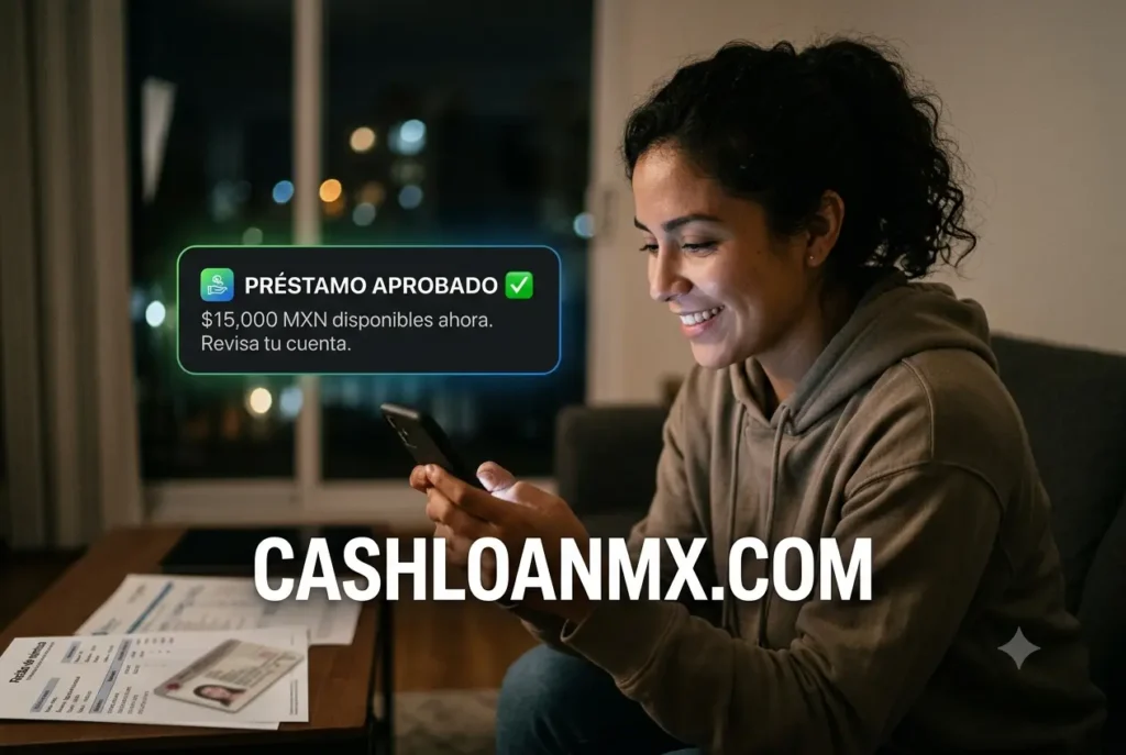 Pantalla de smartphone mostrando la aprobaci&oacute;n de un microcr&eacute;dito nocturno a pesar del mal historial crediticio