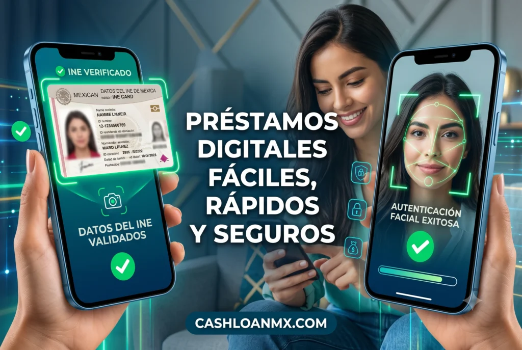 Pantalla de tel&eacute;fono celular mostrando el proceso de validaci&oacute;n facial y escaneo de INE para un pr&eacute;stamo digital