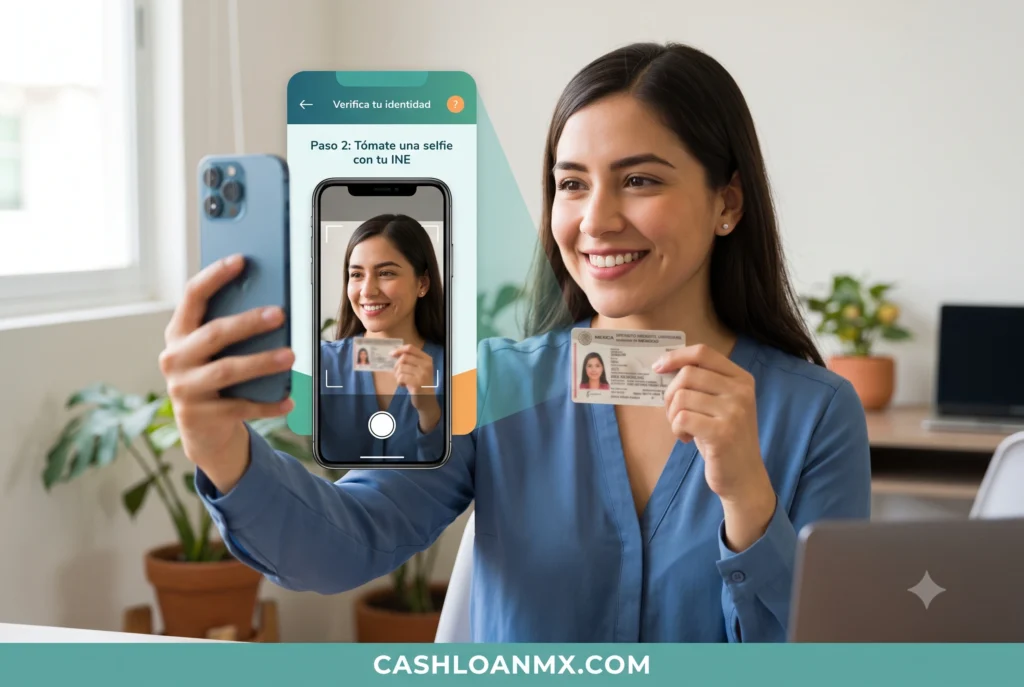 Persona realizando la validaci&oacute;n de identidad con su INE mediante una aplicaci&oacute;n de pr&eacute;stamos Fintech
