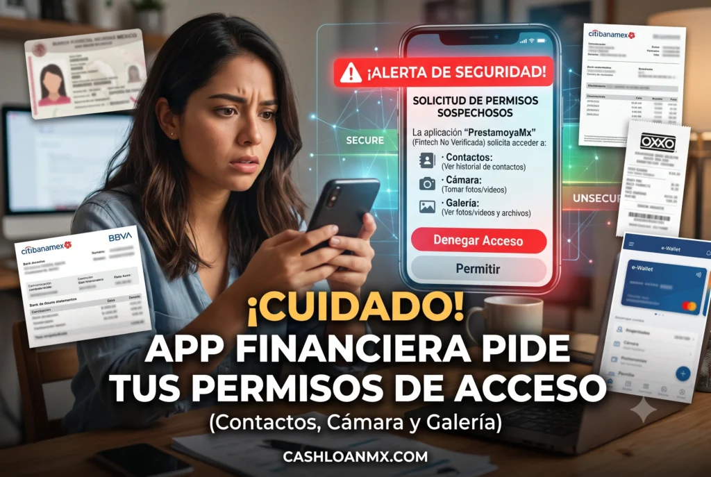Pantalla de smartphone advirtiendo sobre permisos de acceso a contactos, c&aacute;mara y galer&iacute;a por una aplicaci&oacute;n financiera no verificada