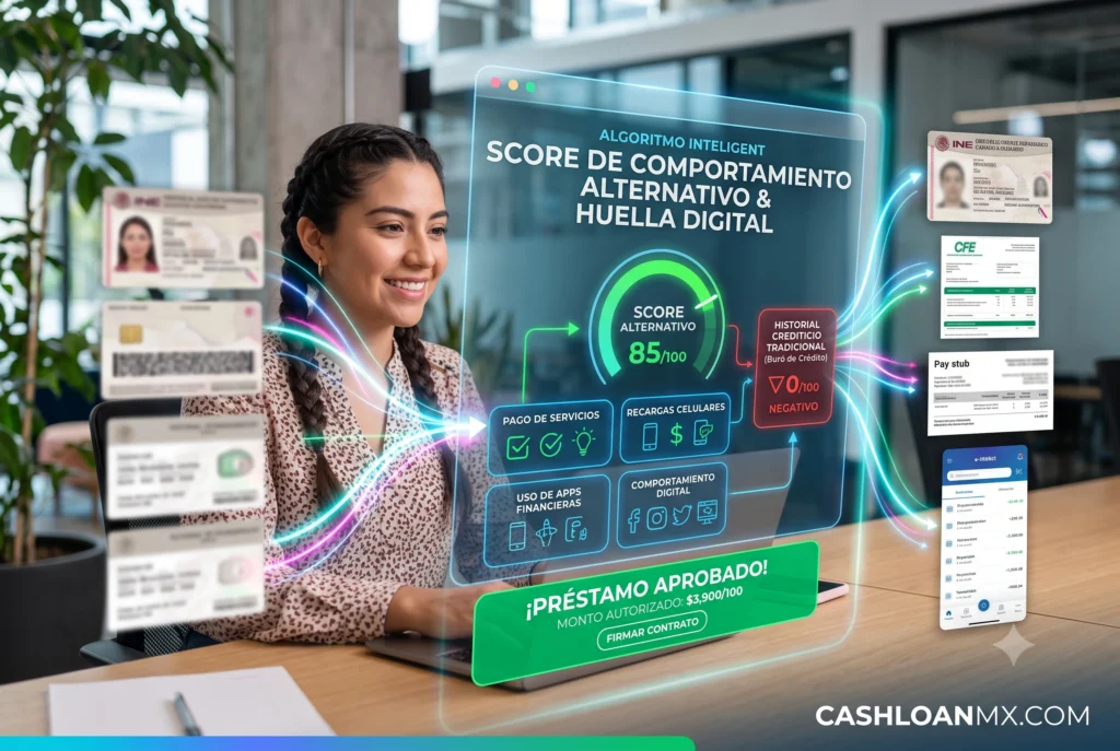 Dashboard de evaluación de riesgo crediticio en una Fintech Interfaz gráfica mostrando cómo un algoritmo Fintech evalúa el Score de Comportamiento Alternativo y la huella digital para aprobar un préstamo a pesar de un mal historial crediticio