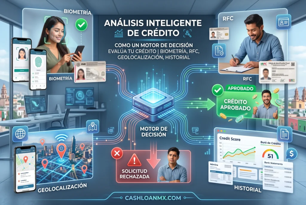 Diagrama que muestra c&oacute;mo un motor de decisi&oacute;n eval&uacute;a la biometr&iacute;a, el RFC, la geolocalizaci&oacute;n y el historial antes de rechazar o aprobar un cr&eacute;dito