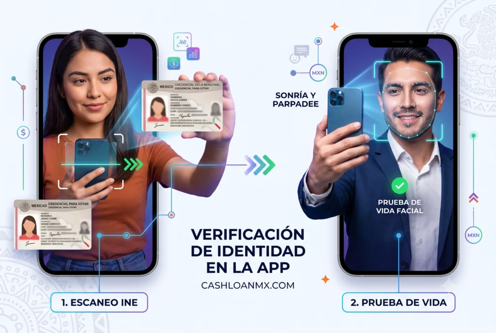 Diagrama visual de un usuario escaneando su credencial INE y realizando una prueba de vida facial en una app de pr&eacute;stamos