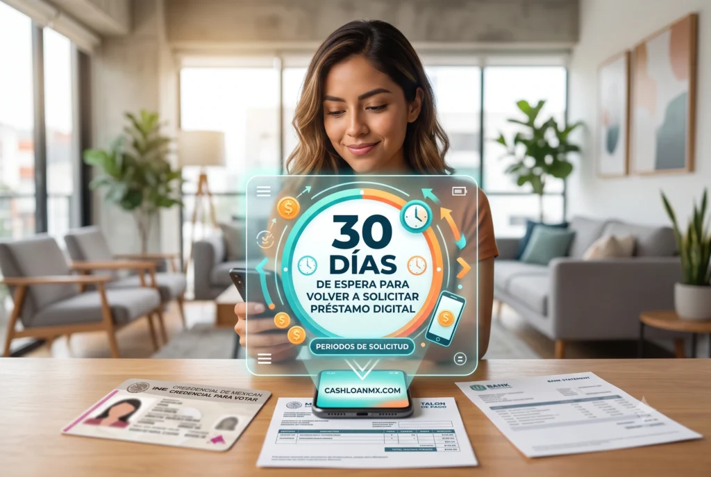 Interfaz de aplicaci&oacute;n financiera indicando un periodo de espera de 30 d&iacute;as para volver a solicitar un pr&eacute;stamo digital