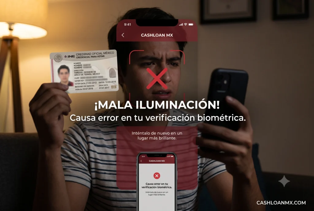 Persona sosteniendo su tel&eacute;fono m&oacute;vil frente a una credencial oficial bajo mala iluminaci&oacute;n, causando error en biometr&iacute;a facial