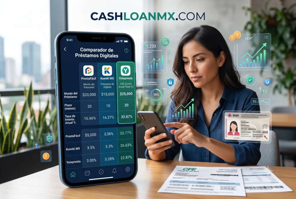 Usuario revisando opciones de crédito en su teléfono móvil Persona utilizando una aplicación de teléfono inteligente para comparar opciones de préstamos digitales, revisando cuidadosamente las tasas de interés y el Costo Anual Total